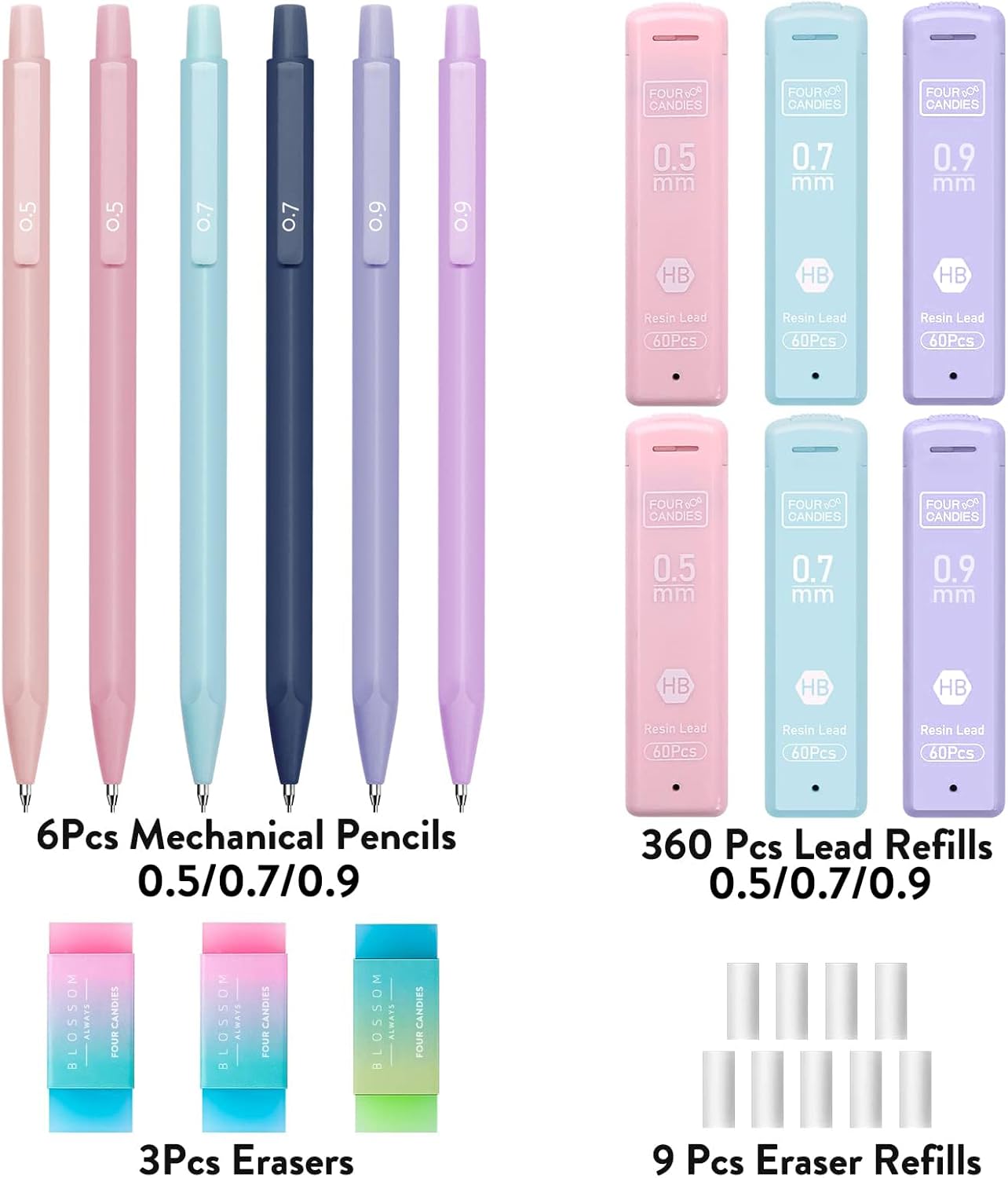Four Candies Cute Mechanical Pencil Set, 6PCS Pastel Mechanical Pencils 0.5 mm & 0.7mm & 0.9mm with 360PCS Leads, 3PCS Erasers and 9PCS Eraser Refills, Aesthetic Pencils for Girls Writing, Art Drawing