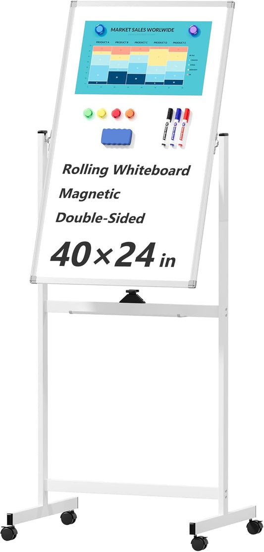 Rolling Whiteboard on Wheels, 40" x 24" Double-Sided Mobile Magnetic White Board with Stand, Portable Standing Dry Erase Board Easel for Home Office Classroom School, Silver