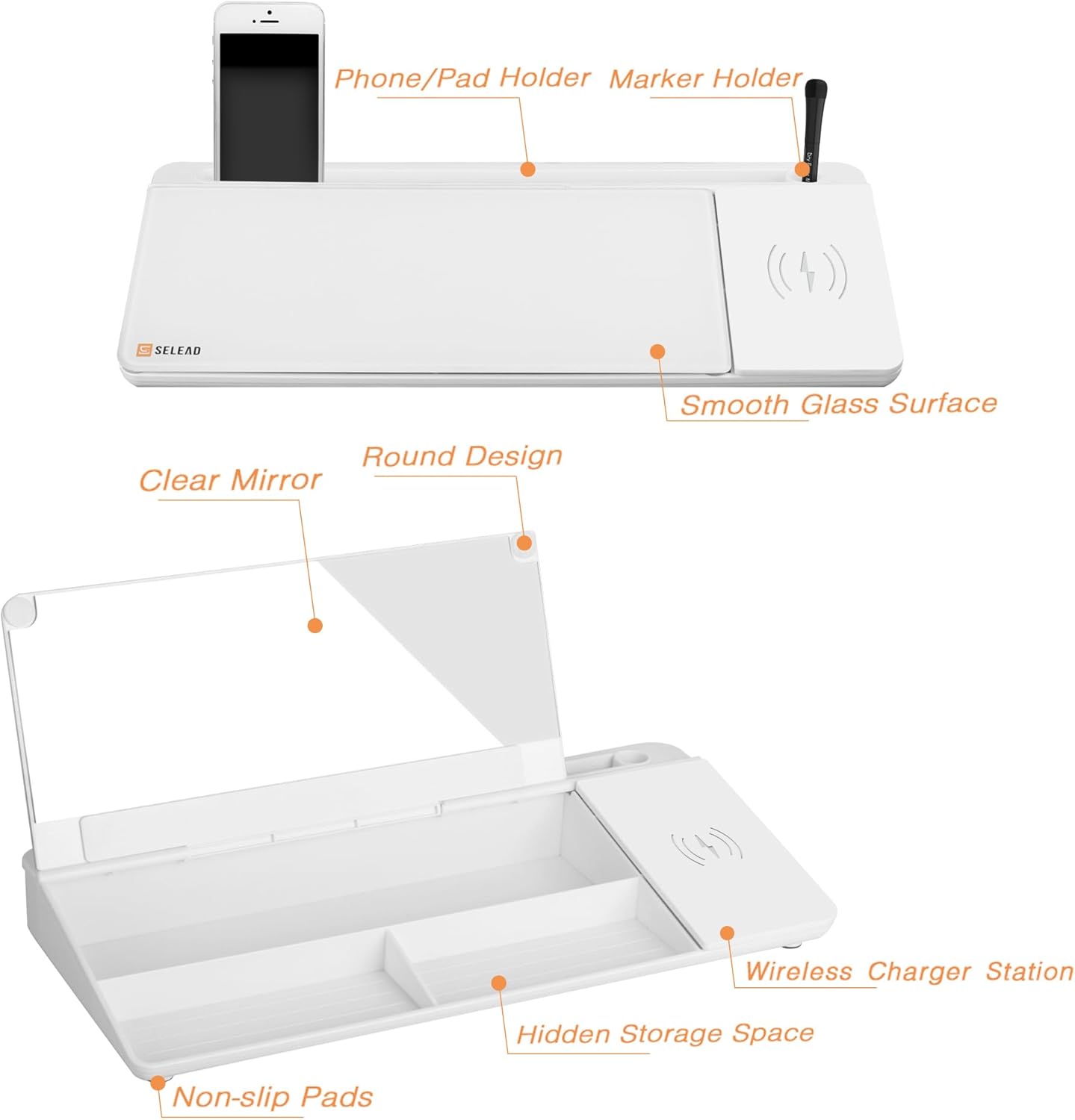 SELEAD Desktop Glass Whiteboard with Wireless Charger Station & Built-in Mirror, Dry Erase Board Computer Pad Keyboard Stand with Organizer for Home, School, Office Desk Accessories, White