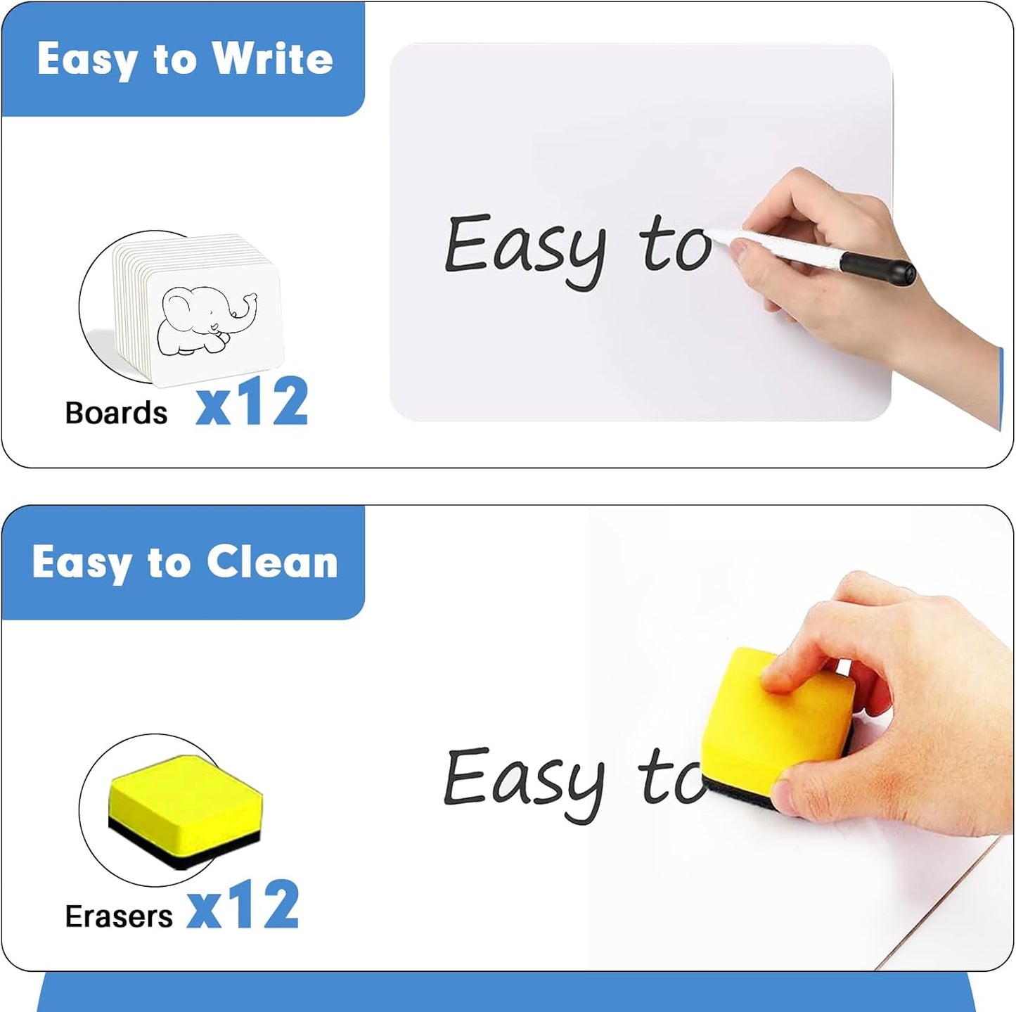 Dry Erase Lapboards, HERKKA 12 Pack Double Sided Small Dry Erase Whiteboards 9 x 12.5 Inch with 12 Erasers, Small Dry Erase Boards for Classroom Teacher Supplies, Personal White Boards for Students