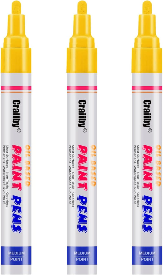 Yellow Paint Markers, 3 Pack Oil-Based Waterproof Quick Dry Permanent Paint Pen Set for Rocks Painting, Wood, Fabric, Plastic, Canvas, Glass, Mugs, Metal, Tire, Stone, DIY Craft