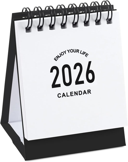 Mini Desk Calendar 2025- Small Desktop Calendar July 2025 to Dec 2026 Mini Daily Schedule Thick Paper Twin-Wire Binding with Stickers for Home Office School (Black-white)
