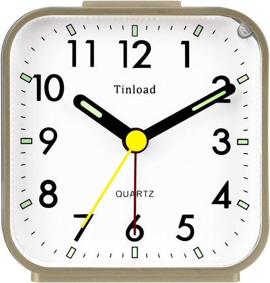Small Battery Operated Analog Travel Alarm Clock Silent Non Ticking,Gentle Wake, Ascending Beep Sounds, Snooze,Lighted on Demand,Easy Set(Gold)
