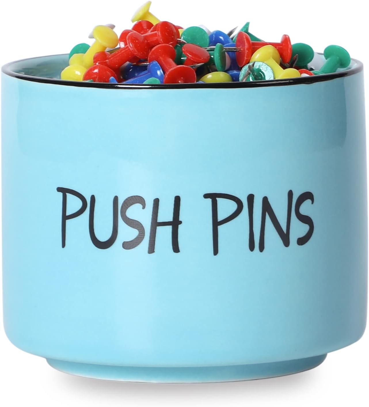 Ceramic Push Pins Holder, Paper Clips Dispenser Organizer for Desk and Binder Clips Holders Container for Office School Home Supplies 3.4Inch, Turquoise