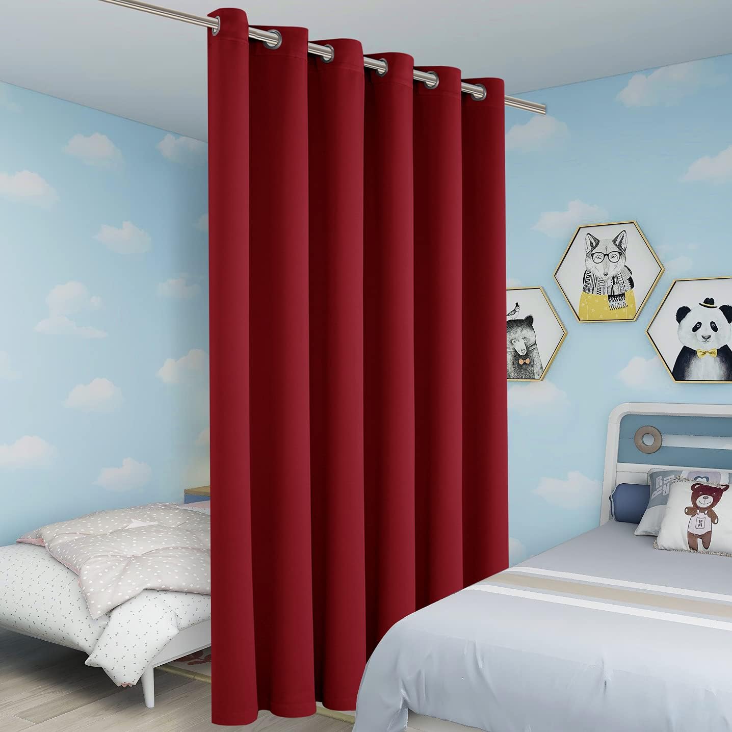 BONZER Wide Room Divider Blackout Curtain Total Privacy Wall Room Darkening Grommet Curtains for Shared Room, 84L x 70W Inch (7L x 5.8W ft), 1 Panel, Red