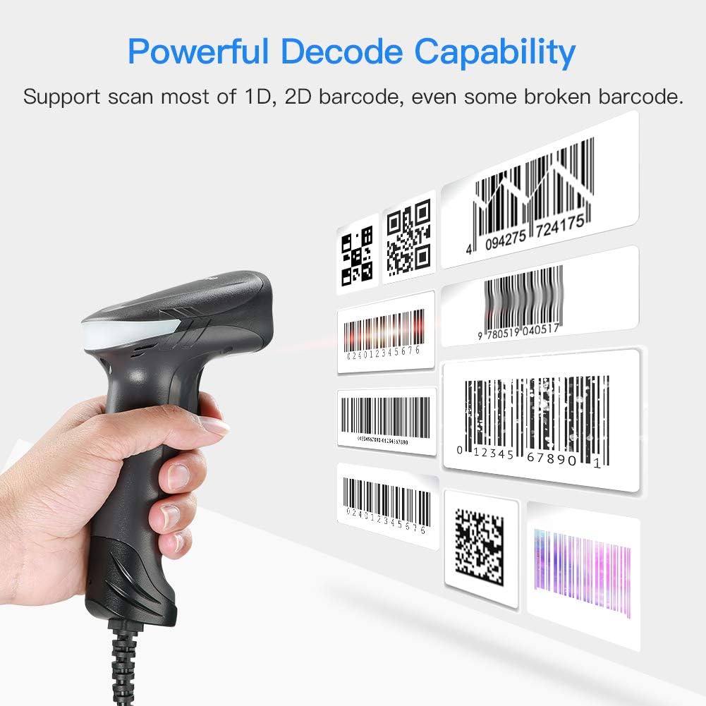 Eyoyo USB QR 2D Barcode Scanner, Handheld Wired Bar Code Reader PDF417 Data Matrix for Mobile Payment, Pos System, Supermarket Inventory Management, Plug and Play, Extra Long USB Cable