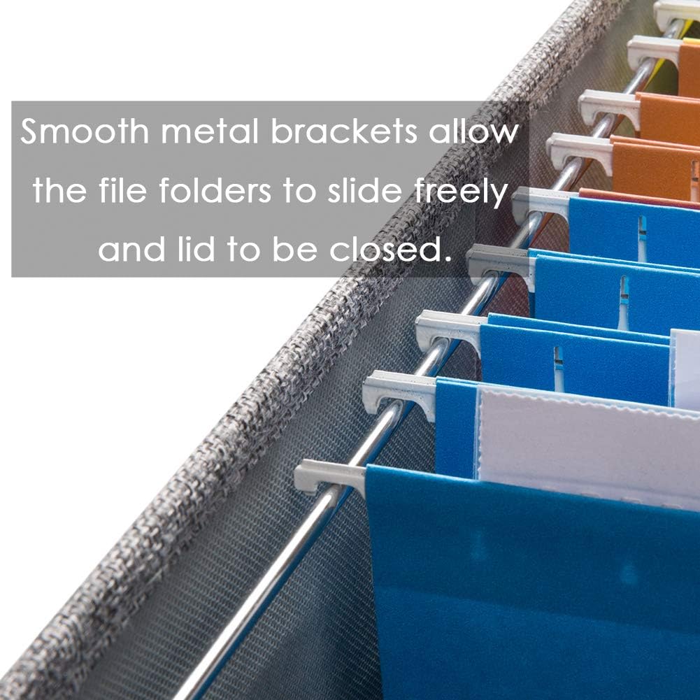 PRANDOM File Organizer Box - Set of 4 Collapsible Decorative Linen Filing Storage Hanging File Folders with Lids Office Cabinet Letter/Legal Size Grey 17.1x14x11.1 inch