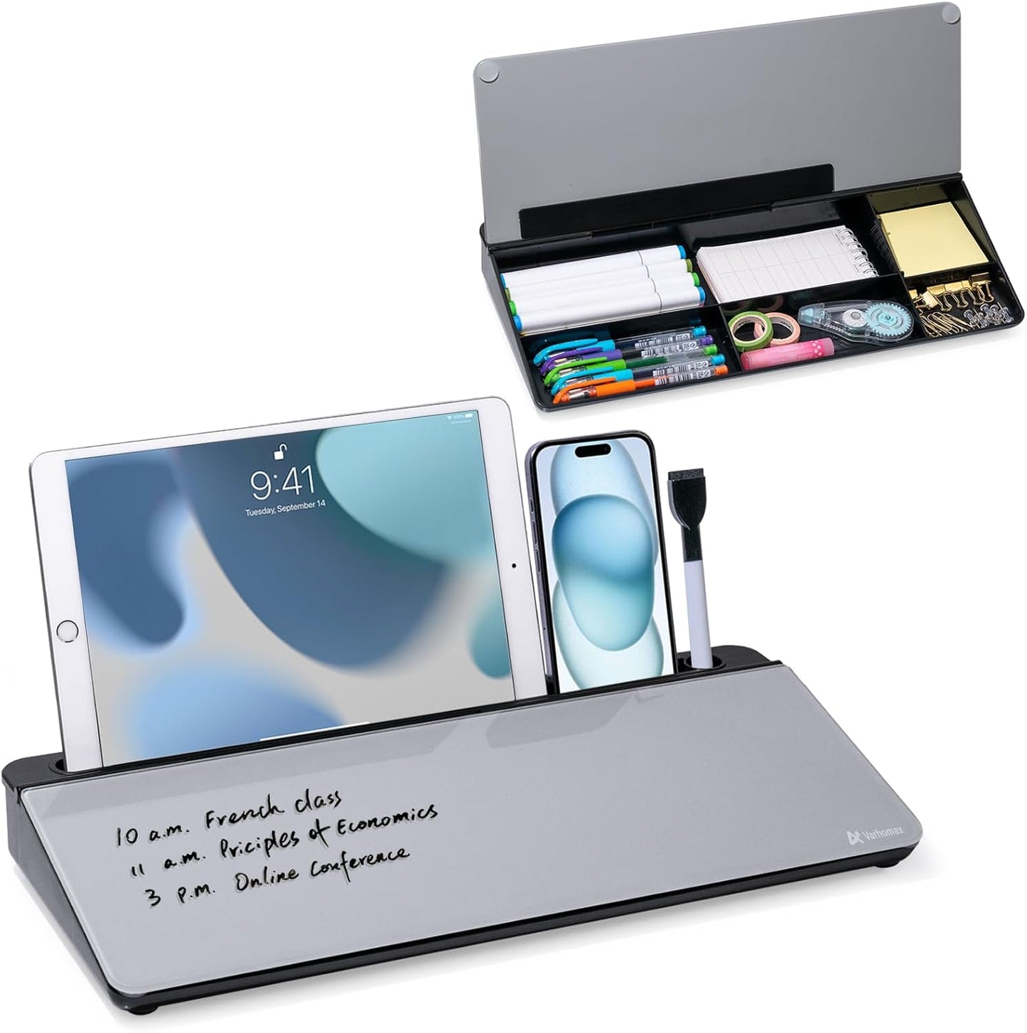 Varhomax Glass Desk Whiteboard with Storage, Desktop Organizer to-do List Memo Notepad Dry Erase White Board for Home Office and School Supplies (Black&Gray)