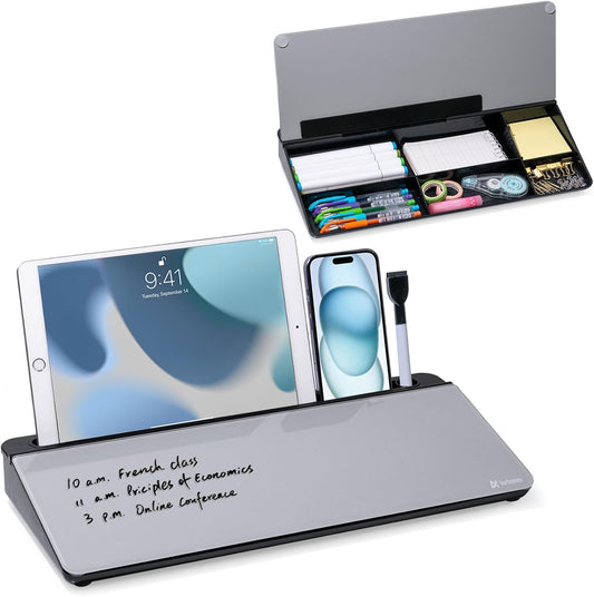 Varhomax Glass Desk Whiteboard with Storage, Desktop Organizer to-do List Memo Notepad Dry Erase White Board for Home Office and School Supplies (Black&Gray)