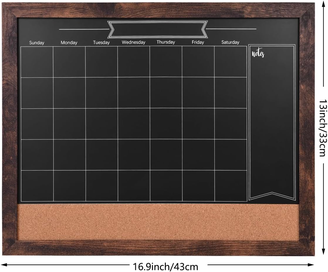 TORASO Magnetic Chalkboard Calendar Corkboard, Small Combination Chalk Board Bulletin Board, 13" x 17",Walnut Brown Framed Blackboard Calendar Cork Combo Board(ZHHB-BN-3343)