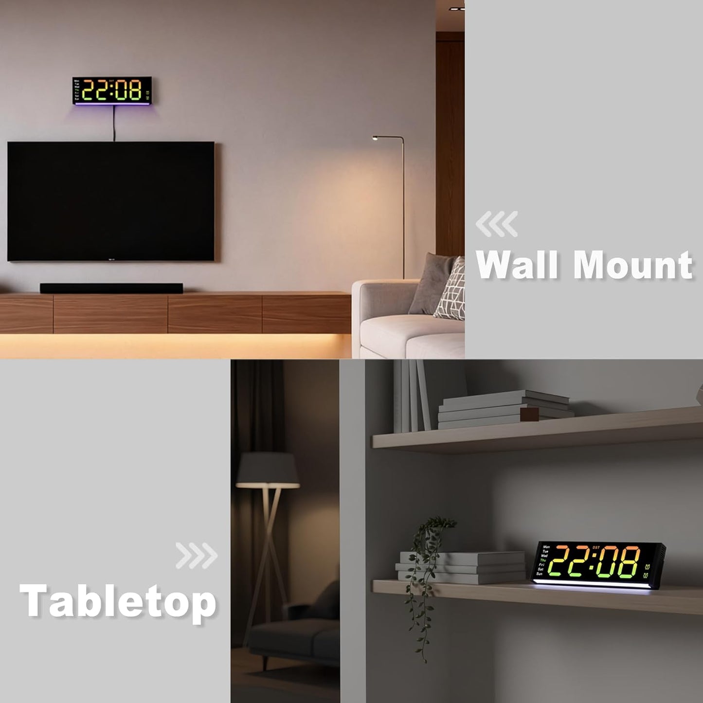 11 Inch LED Wall Clock with RGB Flowing Light | Large Digital Display with Date, Temperature, Dual Alarm, Countdown Timer, Remote Control | Silent Wall or Desk Clock for Home,Office,Living Room,Yoga