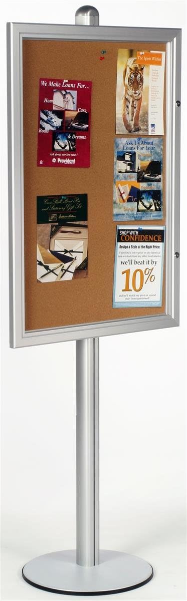 Enclosed Bulletin Board 76 x 28-1/16 x 18 Inch Brushed Silver Aluminum Frame and Pole Floor Standing Corkboard with 24 x 36 Inch Area