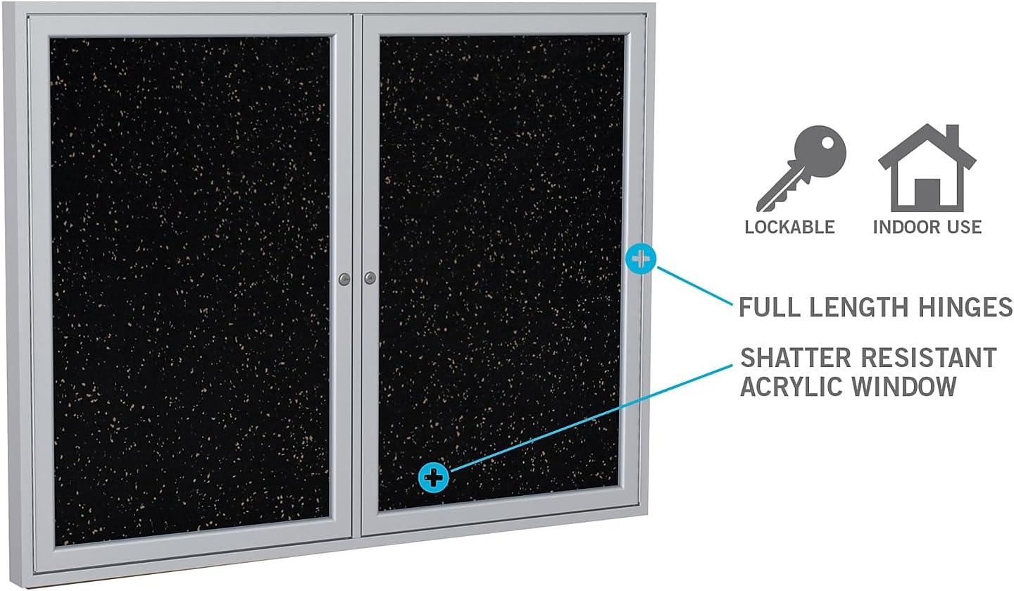 Ghent 48" x 60" 2-Door indoor Enclosed Recycled Rubber Bulletin Board, Shatter Resistant, with Lock, Satin Aluminum Frame,Confetti (PA245TR-CF),Made in the USA