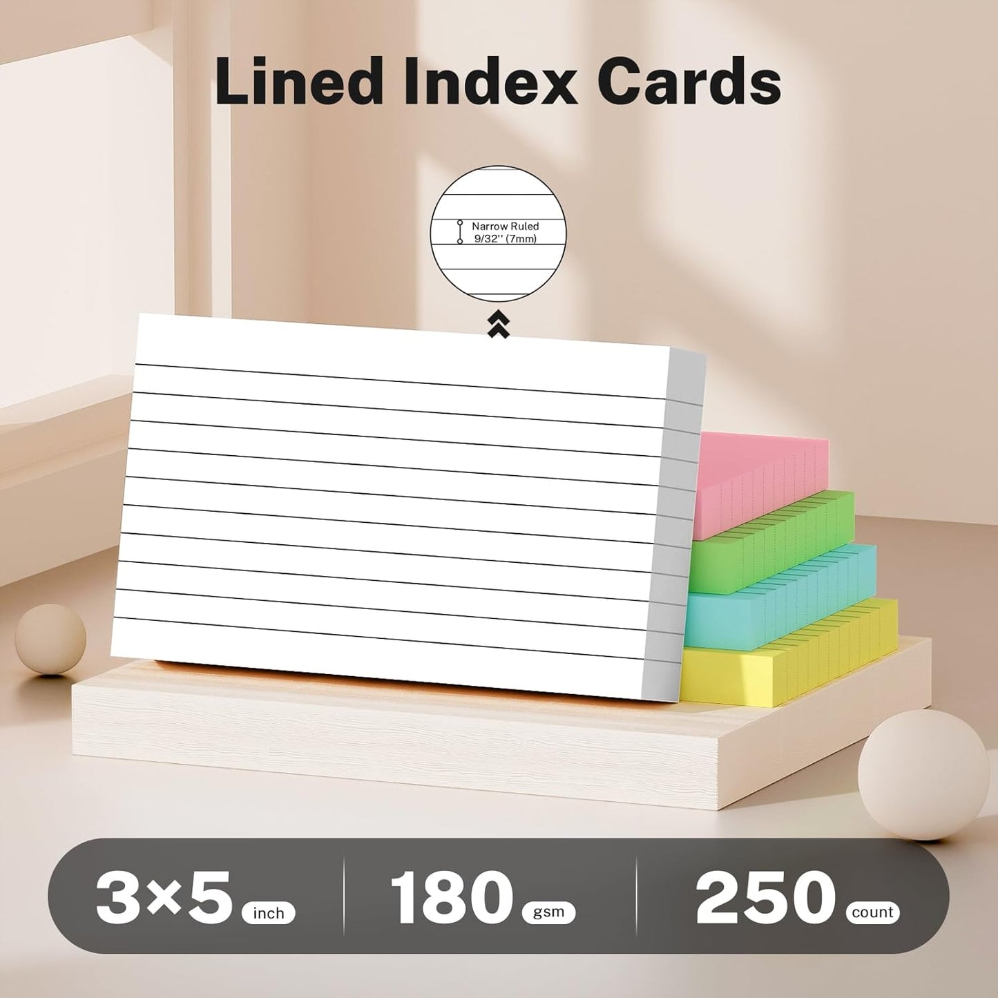 Colored Index Cards 3x5 Inch, 250 Count Ruled Flash Cards for Studying, 50 Pack Of 5, Multilcolor Notecards Lined Flash Cards Bulk, Neon Flashcards Note Cards, 3x5 Index Cards for School, Home, Office