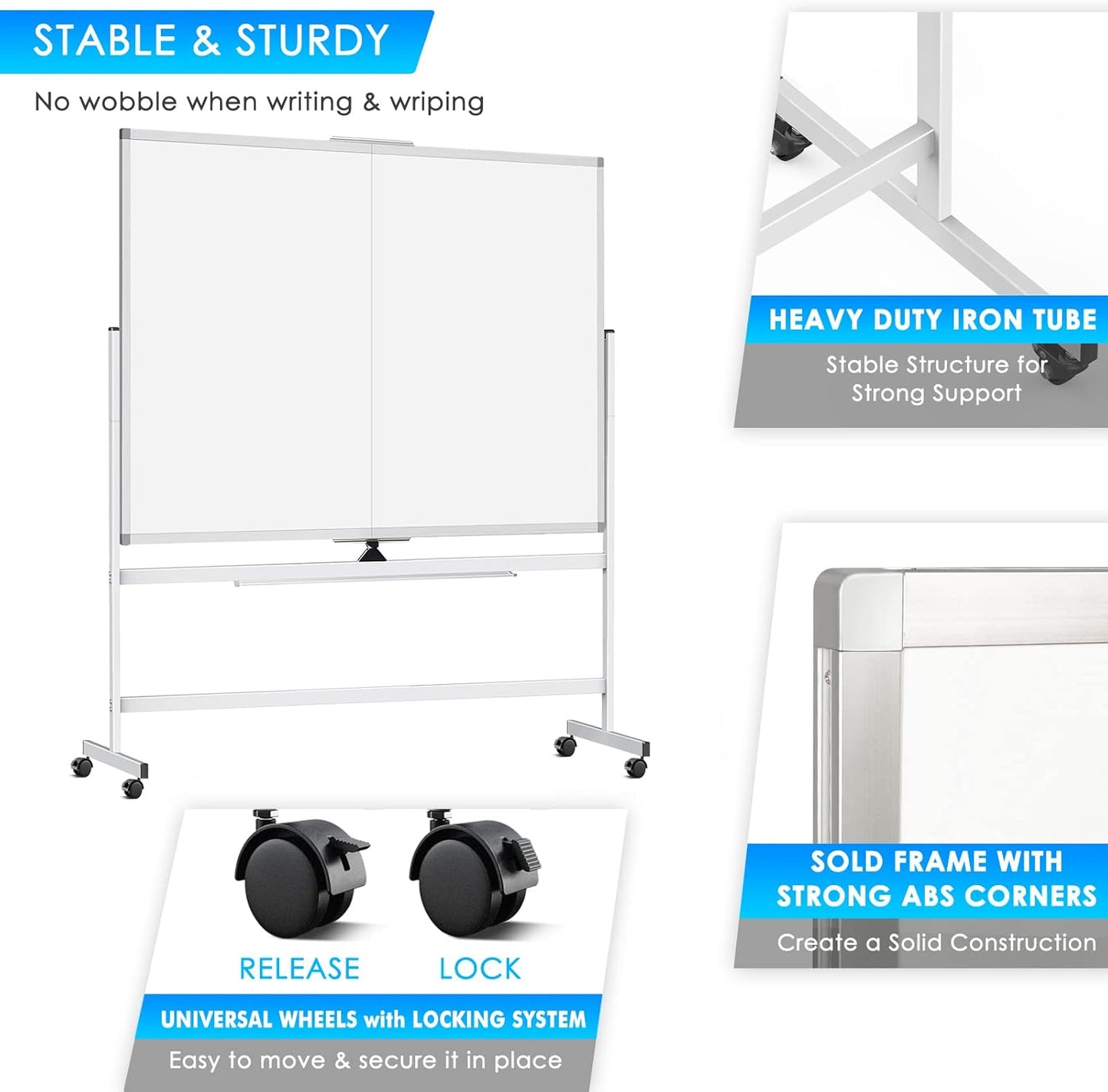 maxtek 60 x 48 Double Sided Rolling Whiteboard, Mobile Whiteboard Magnetic White Board - Large Reversible Dry Erase Board Easel Standing Board on Wheels with Stand (60 x 48)