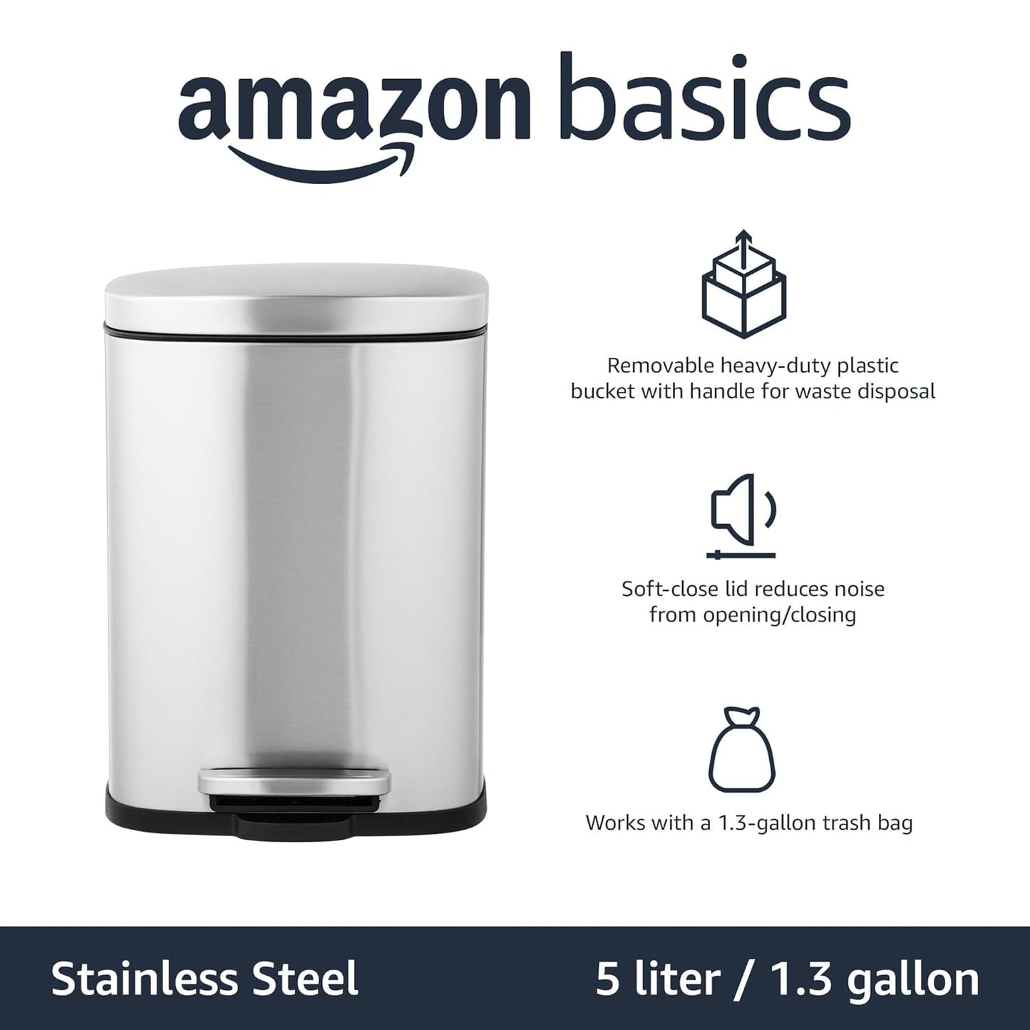 Amazon Basics Smudge Resistant Mini Rectangular Trash Can With Soft-Close Foot Pedal, Brushed Stainless Steel, for Bathroom & small space, 5 L /1.32 Gal, Satin Nickel Finish, 7.3x8.5 x11.8 in (LxWxH)