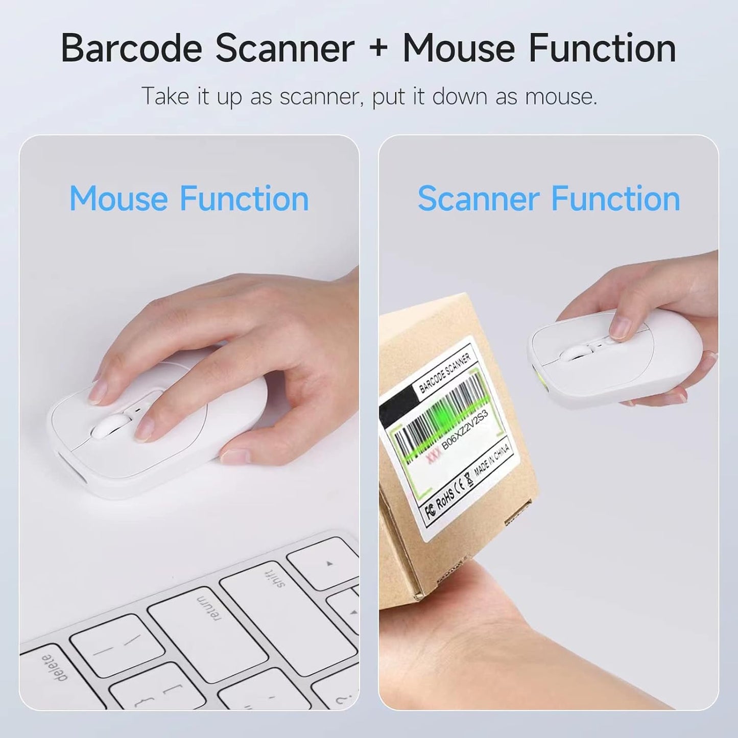 New Wireless Mouse Barcode Scanner, 2-in-1 Design 2D Handheld Barcode Scanner with Wireless Mouse Functions for POS System,Store,Supermarket, Warehouse.(White)