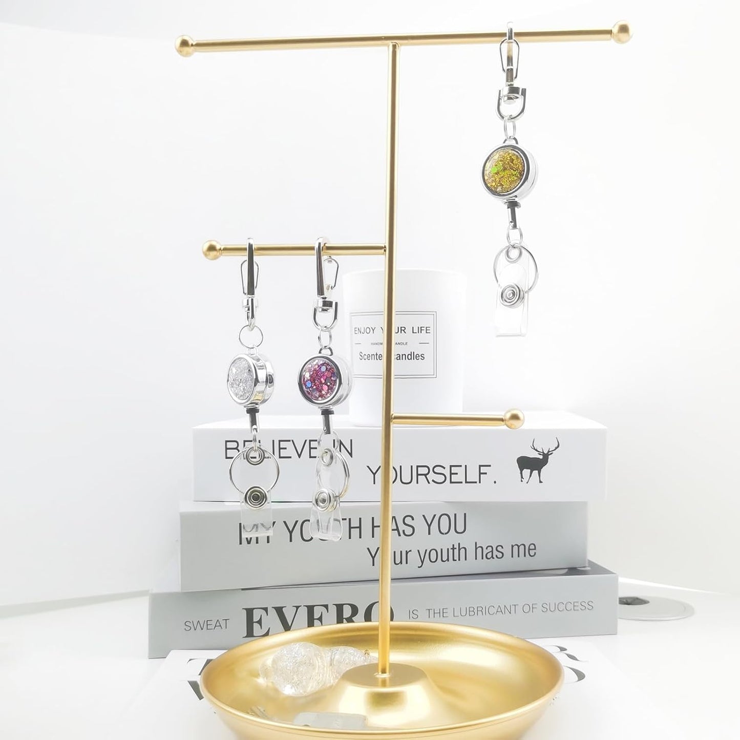 bolimoss Glittery Retractable Badge Reel, ID Name Badge Holder Reels,Cute Metal Badge Reel Card Holder with Key Ring for Office Workers, Nurses, Volunteer, Teachers, Students(3 Pack Silver)