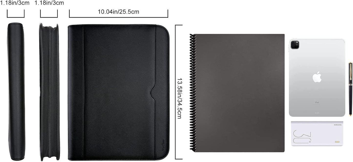 ProCase Portfolio Business Padfolio Folder with Zipper, Conference Meeting Executive File Legal Document Organizer with Pockets Letter Size A4 Writing Pad Notepad Padfolio -Black