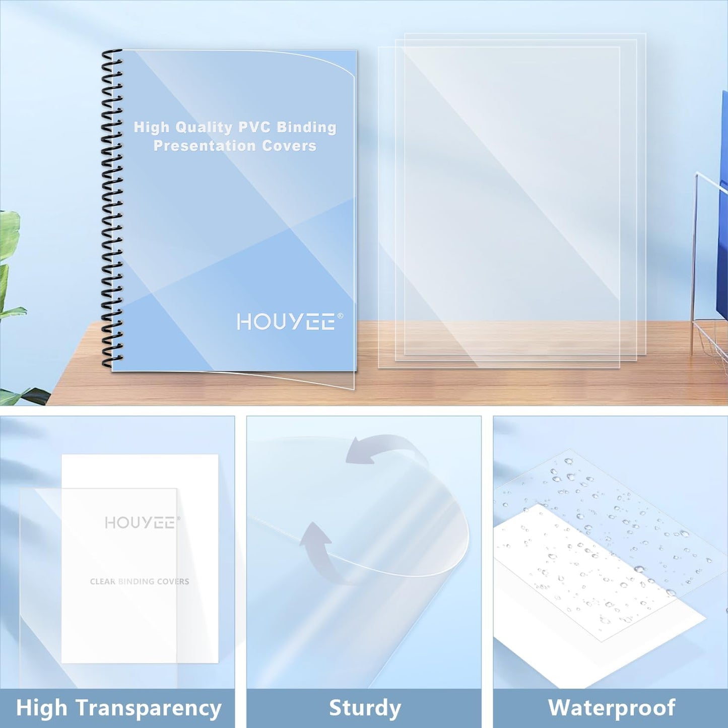 HOUYEE 200 Pack 5 Mil PVC Binding Presentation Covers, Clear Report Covers,8.5x11 Inches,Letter Size