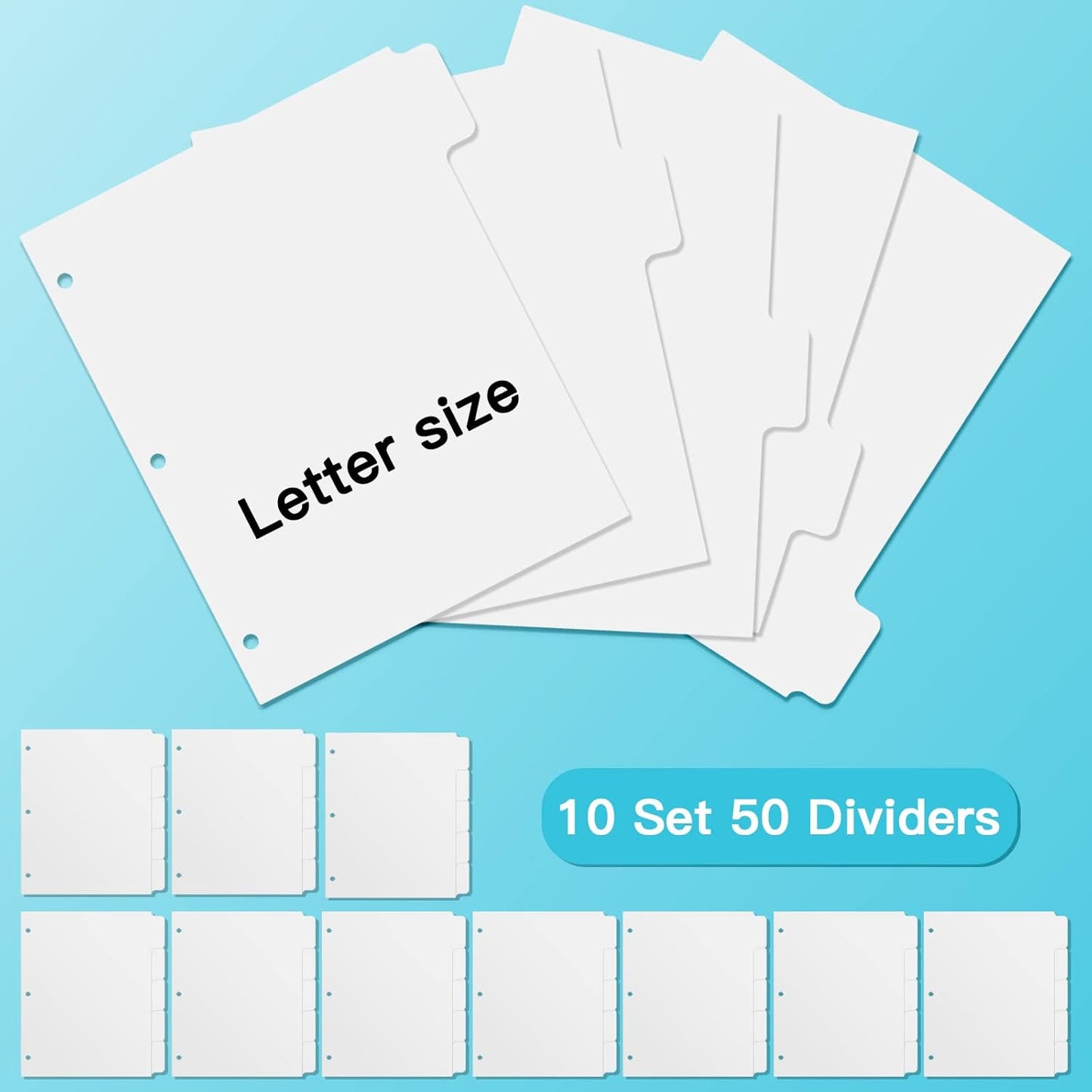 3 Ring Binder Dividers with 5 Tabs, Write & Erase Plastic Binder Dividers Durable 3 Hole Punch Dividers Letter-Size 1/5 Cut Big Tabs Dividers, 10 Set, 50 Dividers Total