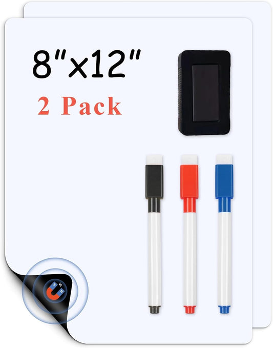 Magnetic Fridge White Board Paper, 8" x 12" 2 Pack Small Dry Erase Board Sheet for Organizer and Planner, Kitchen Refrigerator Whiteboard for Family to-do List, Includes Markers and Eraser