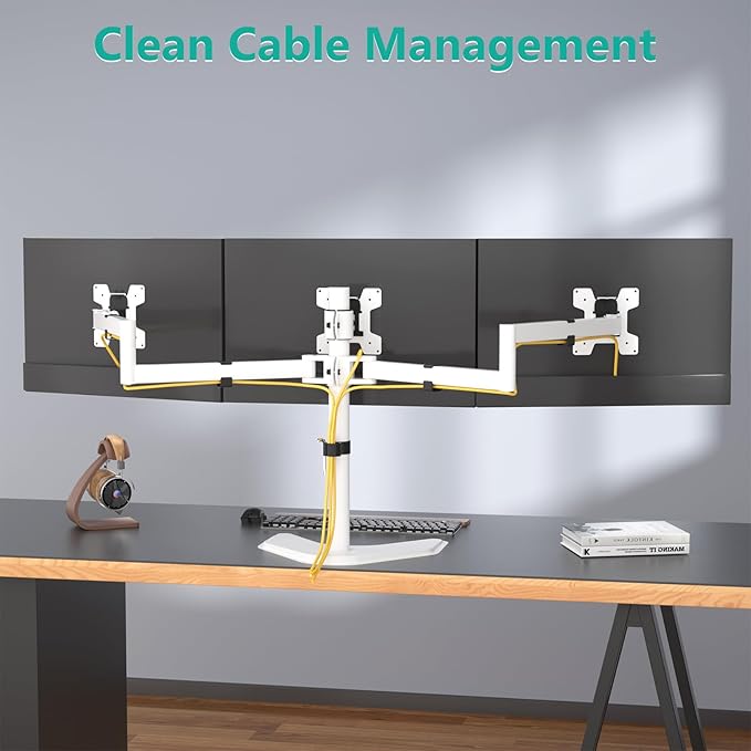 WALI Triple Monitor Stand, Free Standing Three LCD Monitor Fully Adjustable Desk Mount Fits 3 Screens up to 27 inch, 22 lbs Weight Capacity per Arm (MF003-W), White