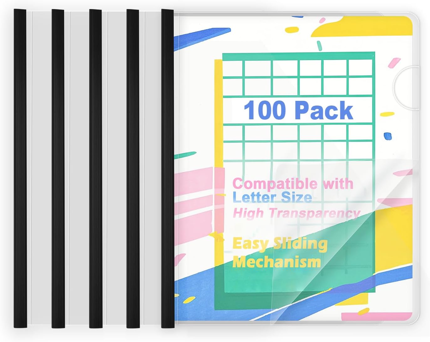 TOTiyea 100 Pack Letter Size Clear Report Covers with Sliding Bars, 9mm (70 Sheet Capacity) Sliding Bar File Folders, Black