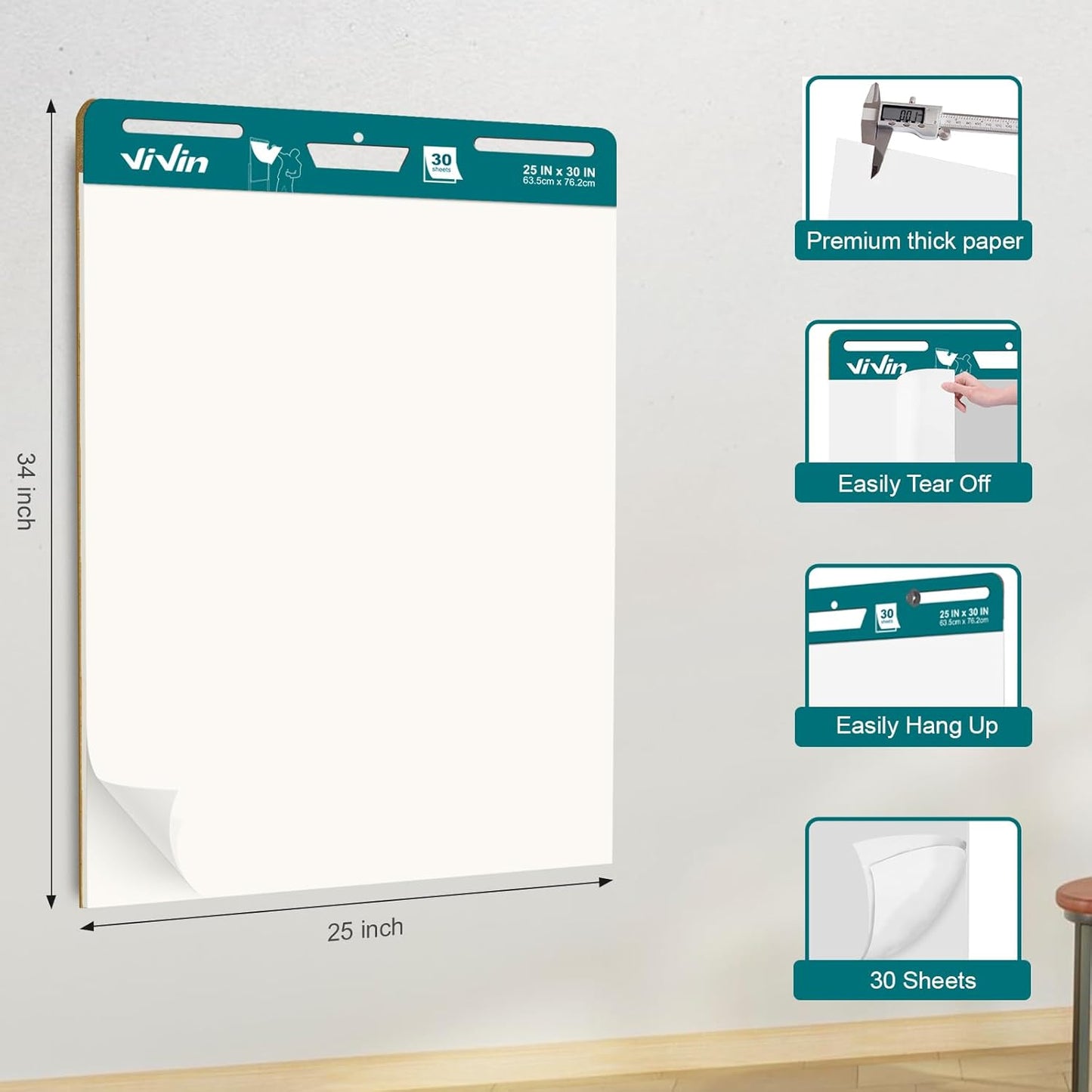 ViVin Super Sticky Easel Pad, 25 x 30 Inches Flip Chart Paper for Teachers, Large Self Stick Easel Paper, Teacher Anchor Chart, 30 Sheets/Pad, 4 Pads/Pack