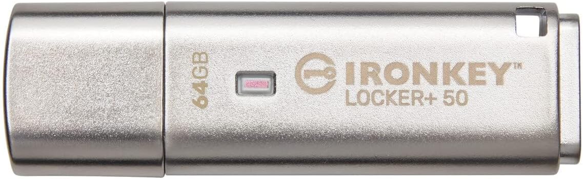 Kingston Ironkey Locker+ 50 64GB Encrypted USB Flash Drive | USB 3.2 Gen 1 | XTS-AES Protection & TAA Compliant | Multi-Password Security Options | Automatic Cloud Backup | Metal Casing | IKLP50/64GB