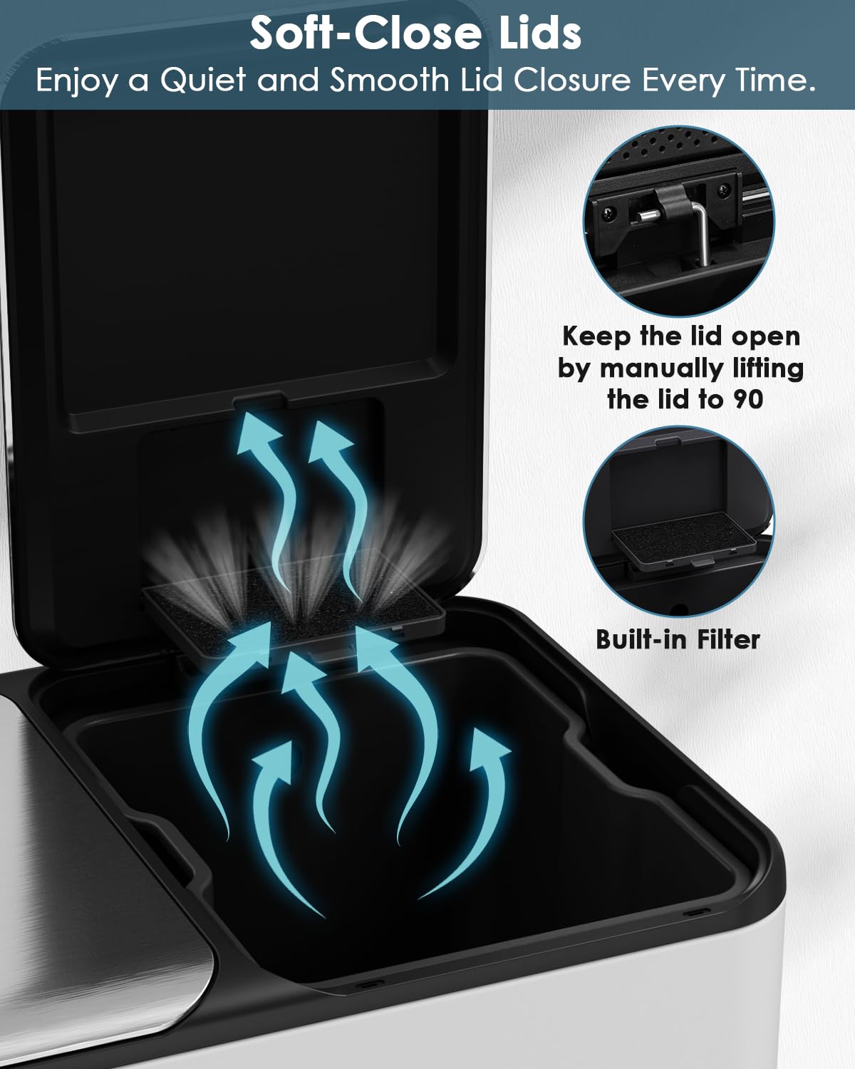 Arlopu 16Gal Dual Trash Can w/2 Built-in Box for Odor Control, Hands-Free Kitchen Garbage Bin, Recycle Waste Dustbin, Soft-Close Lid, 2 Buckets,Foot Pedal, Side Handle, Airtight,for Home Office