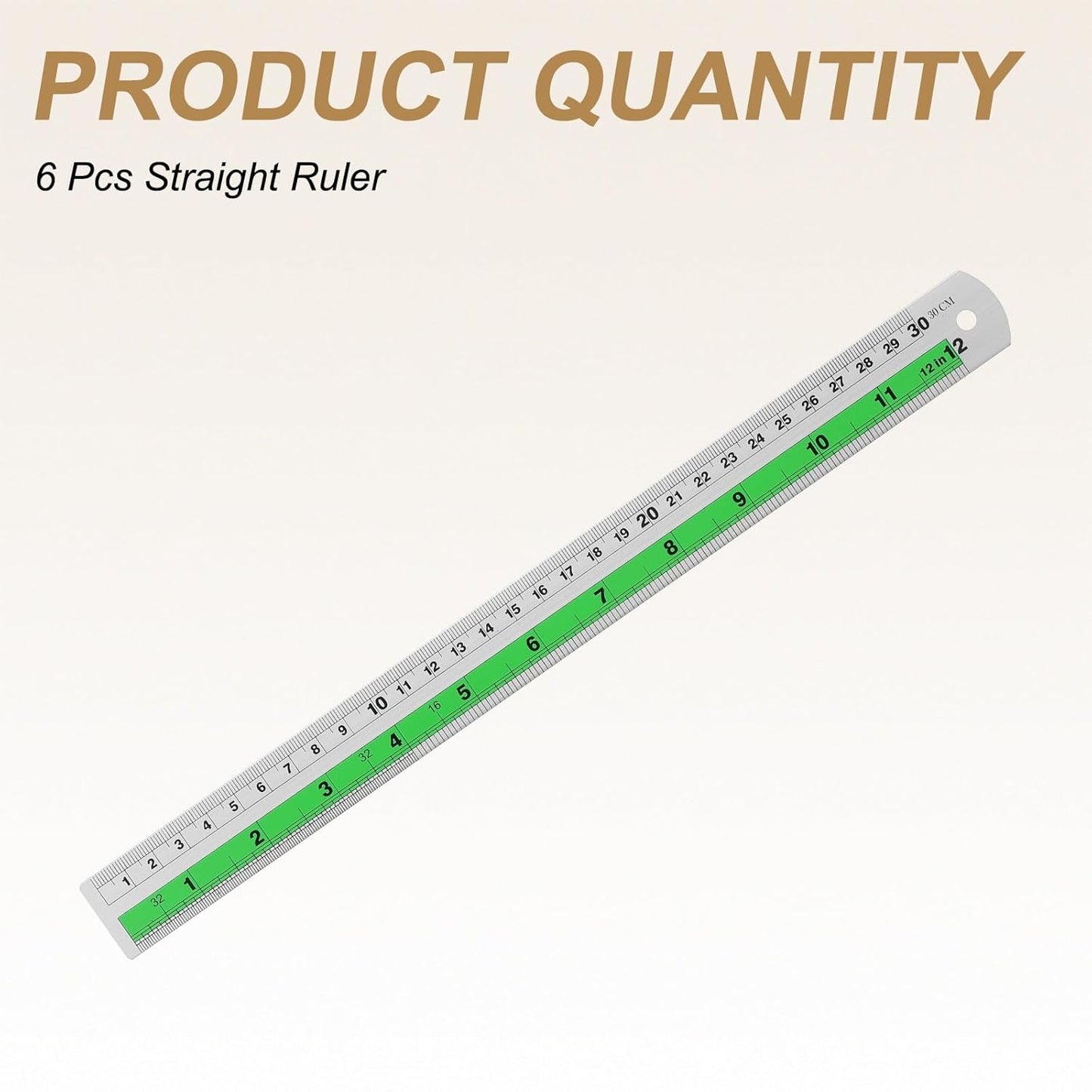 HARFINGTON 6pcs Metal Straight Ruler 30cm Metric SAE Aluminum Alloy Measuring Rulers Scale Tool with Hole for Measure Study Reading Classroom Office, Green