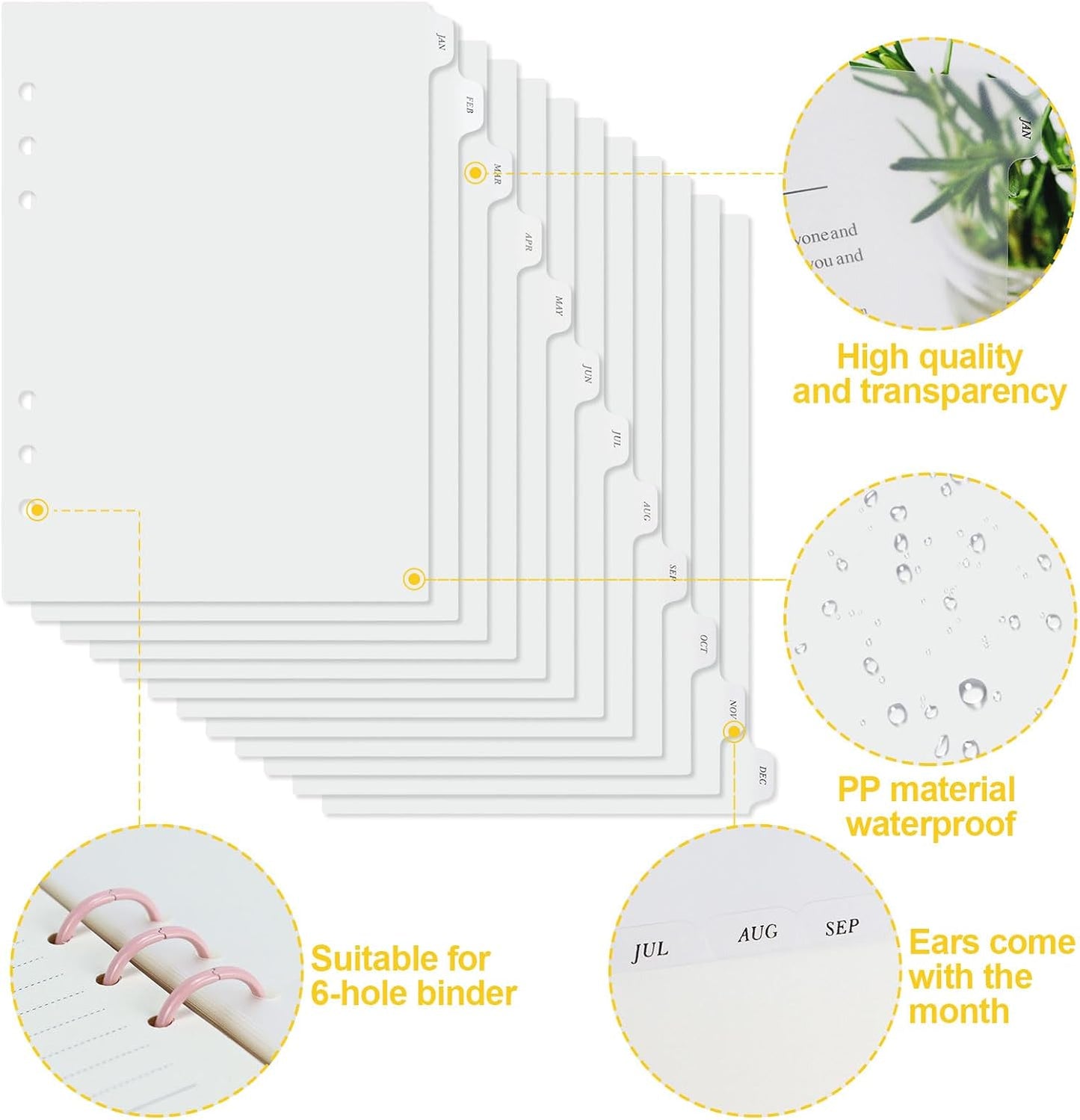 A5 Plastic Binder Dividers with Monthly Tabs 6 Holes Durable Card Dividers for Journals, Binders, Notebooks, Planners, 5.7x8.3 inch(Clear Frosted)