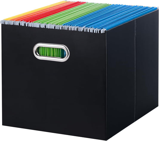 Oterri File Organizer, 1 Pack Large Storage Box, Cardboard File Folder Organizer, Collapsible File Box for Hanging File Folders Letter Size, Portable Filing Organizer with Handle (Black)