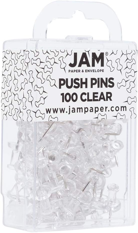 JAM PAPER Colorful Push Pins - Clear PushPins - 100/Pack