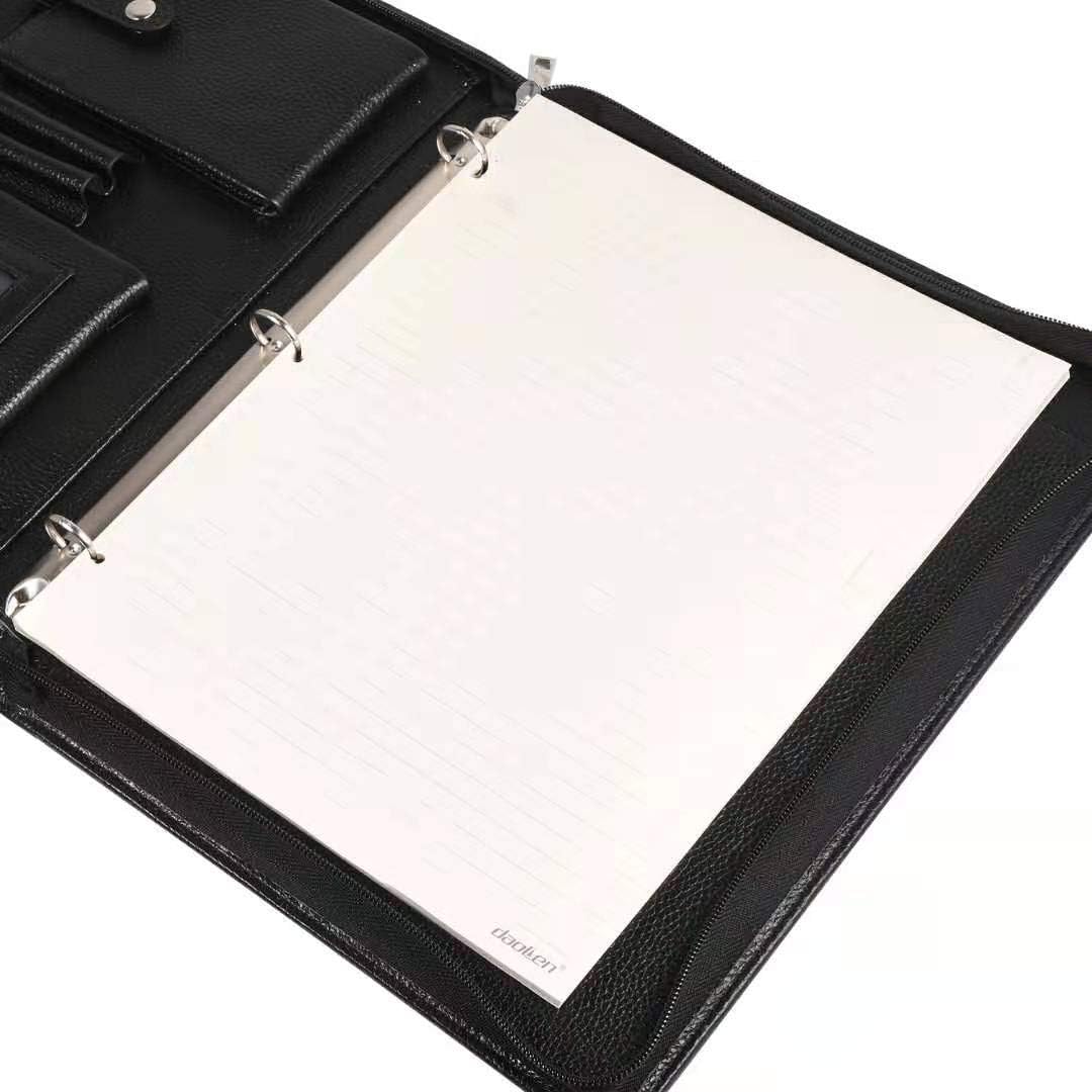 Professional Leather Business Padfolio Portfolio Case, 3 Ring Binder,Zippered Business Document Organizer Tablet Holder Folder Case,with Letter Size Notepad (black)