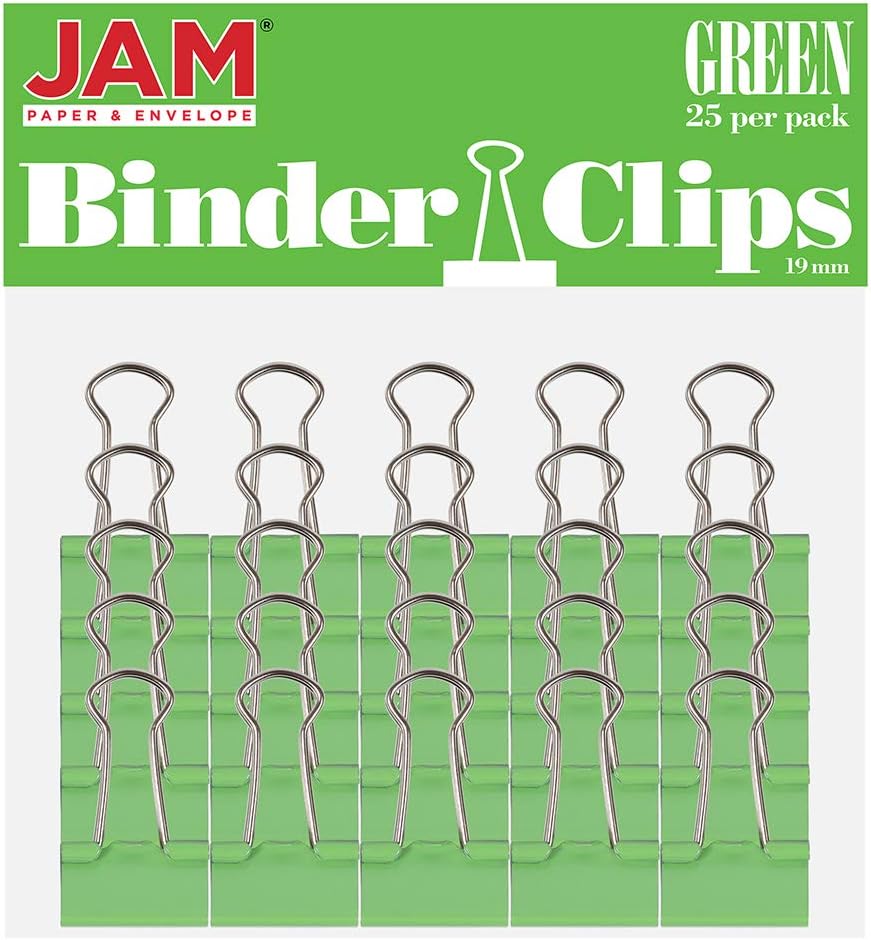 JAM PAPER Colorful Binder Clips - Small - 3/4 Inch (19 mm) - Green Binderclips - 25/Pack
