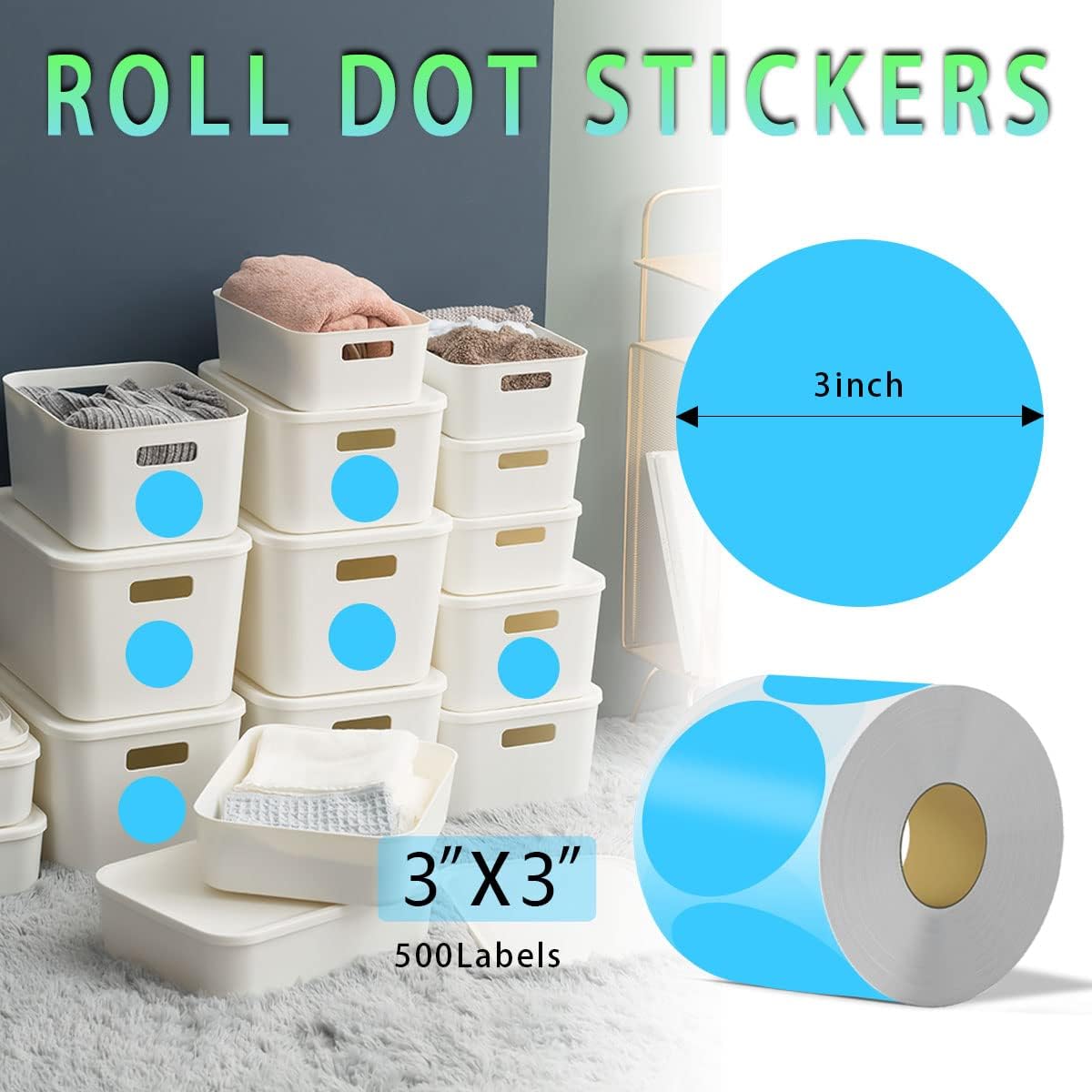 PARLAIM 3 Inch Round Permanent Adhesive Color-Code Dot Stickers,500 per Roll dots Label Dispenser Box Circle Stickers (Sky Blue)