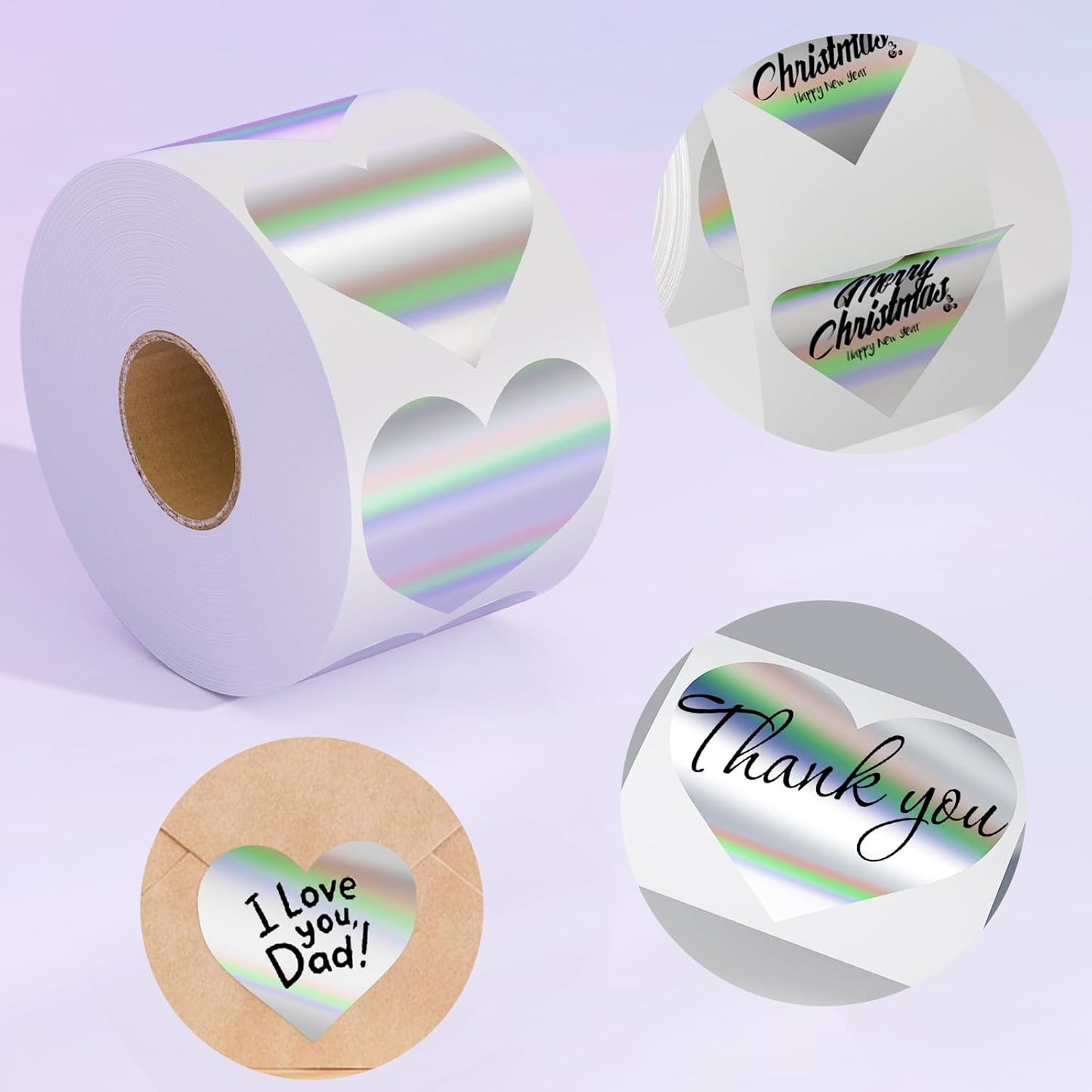 RBHK 2 Inch Holographic Thermal Labels, Self Adhesive Heart Shape Waterproof Thermal Labels, Multipurpose Direct Thermal Sticker for DIY Logo Design, Thanks Card, 400 Labels/1 Roll