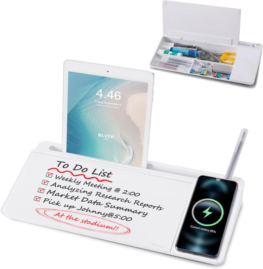 Small Glass Desktop Whiteboard Dry-Erase-Board - Computer Keyboard Stand with Wireless Charger White Board Surface Pad with Drawer, Desk Organizers with Accessories for Office, Home, School Supplies