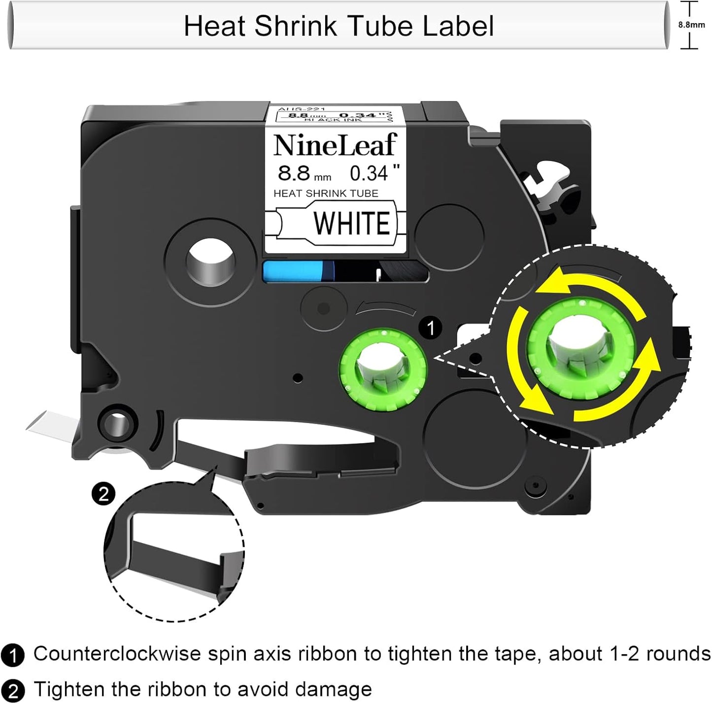 NineLeaf 2PK Compatible for Ptouch HSe-221 HSe221 HS-221 HS221 8.8mm 0.34 Black on White Heat Shrink Tubes for PT-D400 PT-D400AD PT-D450 PT-D600 Label Maker Tapes