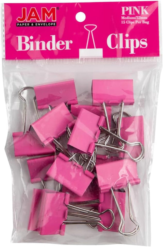 JAM PAPER Colorful Binder Clips - Medium - 1 1/4 Inch (32 mm) - Pink Binderclips - 15/Pack