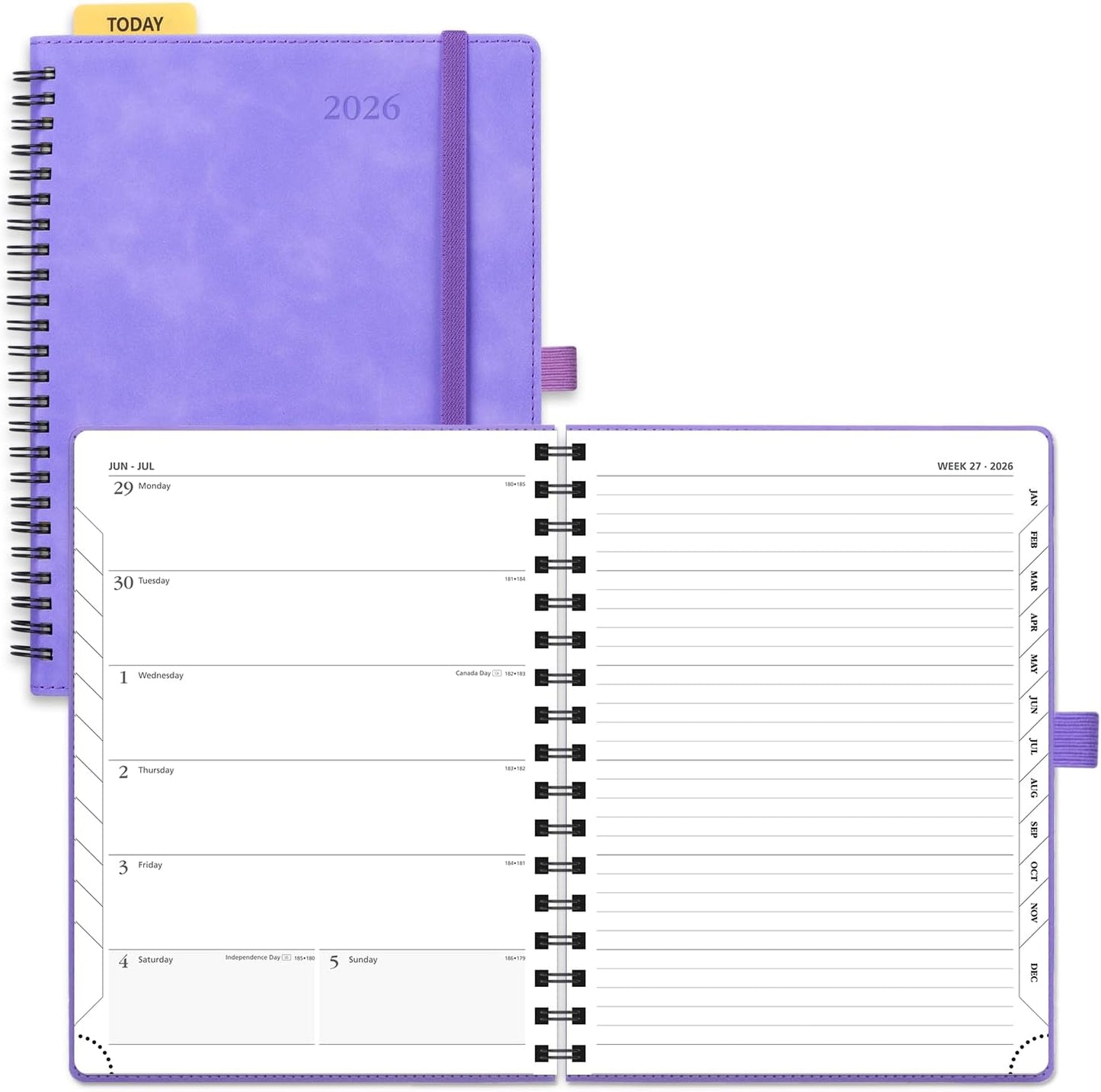 POPRUN 2026 Planner Weekly Notebook (Jan-Dec), Medium 8.5''x 6.5'' - Agenda 2026 Calendar Book with Monthly Tabs, Inner Pocket, Spiral Soft Cover, 100 GSM - Lilac