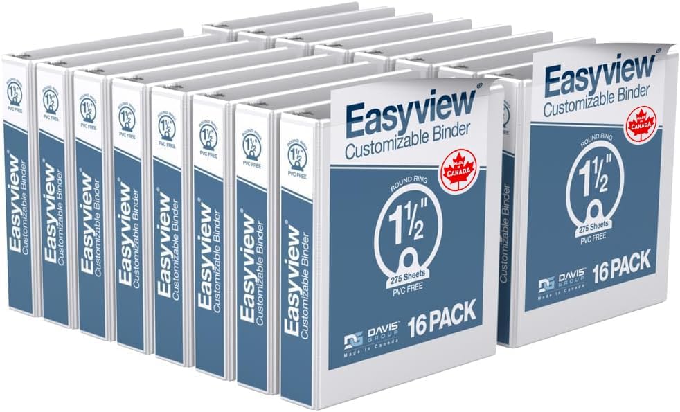 Easyview Premium 3-Ring Binders with Clear-View Covers and Round Rings, Binders for School or Office, 1.5 Inch, Pack of 16, White