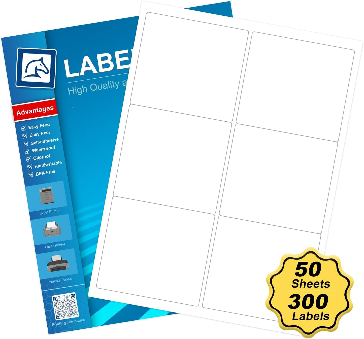 Printable Shipping Labels 3-1/3" x 4", White, 300 Labels (50 Sheets)
