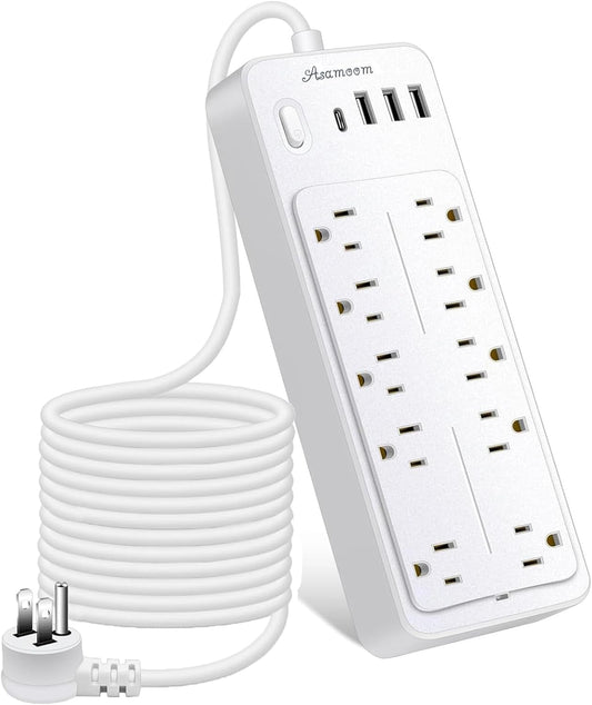 15 FT Power Strips with Surge Protection 1625W/13A,10 Outlets with 4 USB Ports (1 USB C) Long Extension Cord with Multiple Outlets 16Awag 1700J Flat Plug Power Strip Protector White,ETL Listed