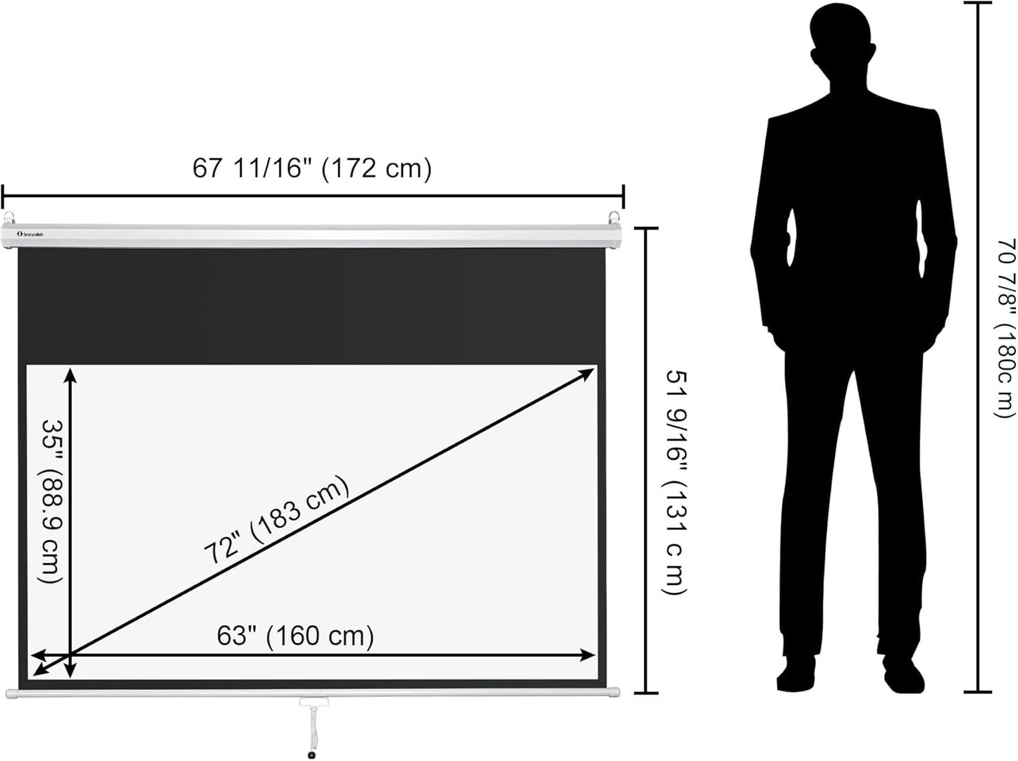 72" 16:9 Manual Pull Down Projector Screen 4K Self-Locking Home Theater Cinema Meeting Room Classroom Restaurant Bar Office