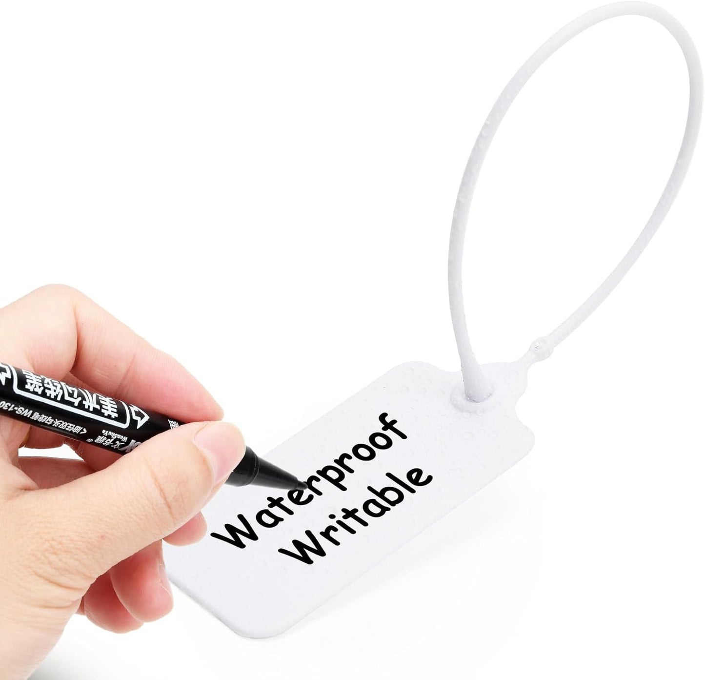 50 White Blank Plastic Tags for Labeling Waterproof Hanging Labels Writable Tags Seal Plastic Marking Label for Clothes Bags Keys Inventory with One Marker Pen