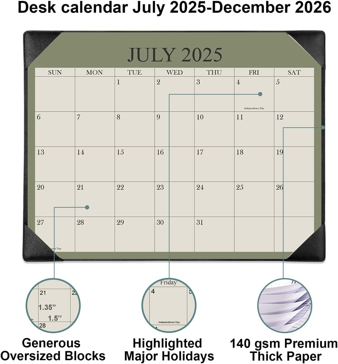 Desk Calendar 2025-2026 with Desktop Mat, 18 Month Small Desk Pad Calendar from July 2025 to December 2026, 8.5" x 11" Desk Pad Calendar 2025-2026 for Home, School Office, Black