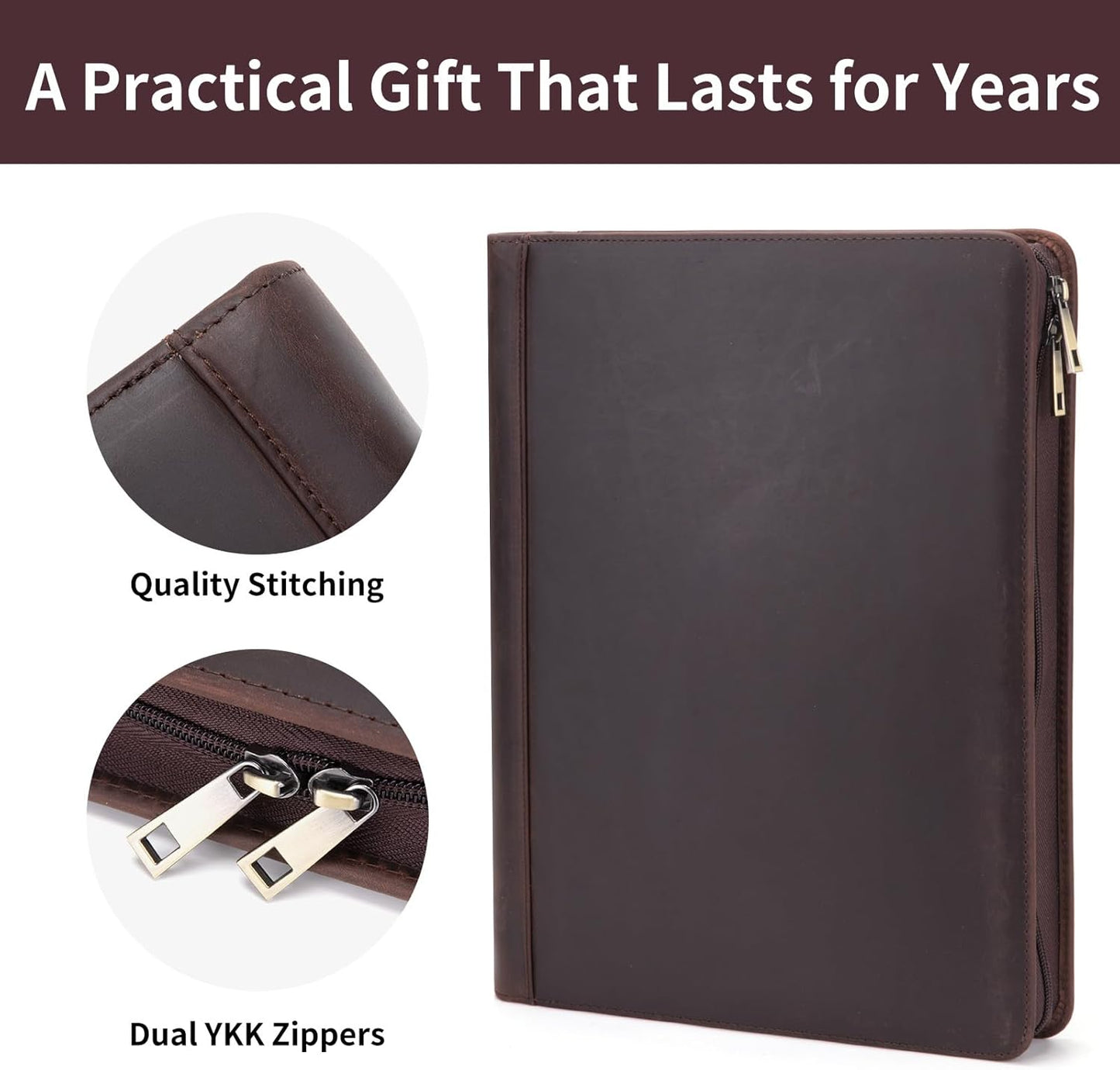 Genuine Leather Portfolio for Women and Men, 8.5 x 11 Legal Pad Padfolio, Zippered Notebook Organizer for 13” Laptop, Business Executive Professional Folio for Work, Dark Brown